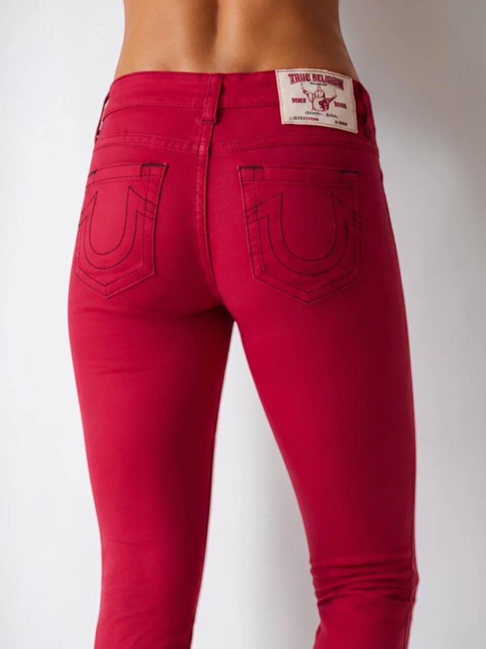 TRUE RELIGION Horseshoe Buddha Patch Y2K Skater Kidcore Red Skinny Pants LowRise